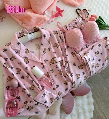 بيجامة بتسطل قماشة وافل شتوية بتجنن على اللبس😭 منقشة 🧸 باللون البينك🥺💗