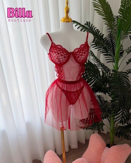 لانجري قطعتين شيفون دانتيل بسطل باللون الاحمر❤️‍🔥🫰🏻