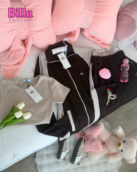 تزينينج ثلاث قطع (توب وجيكيت وبنطلون)من alo باللون البني والبيج والكواليتي🔥