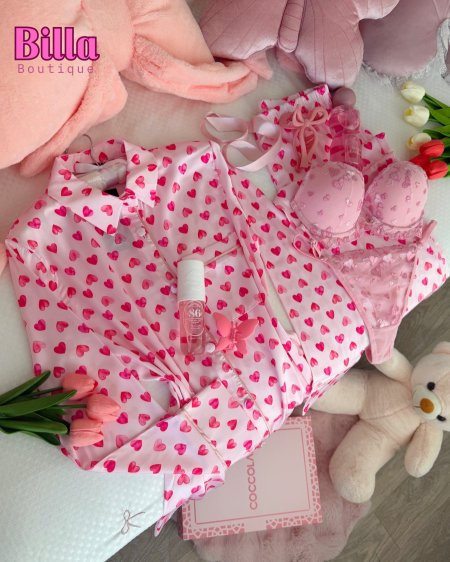 بيجامة ماركة cocolarsi حرير ناعم منقشة قلوب💞🥹والكواليتي🔥🫰🏻مع بوكس💞