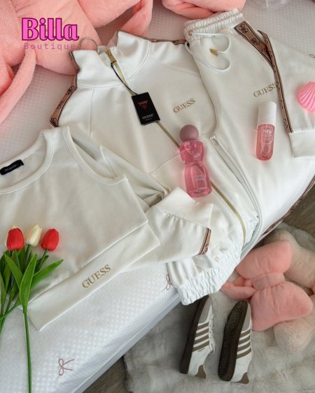 ترينينجguess ثلاث قطع توب وجرزة وبنطلون باللون الأبيض والكواليتي خيال😭🔥😩