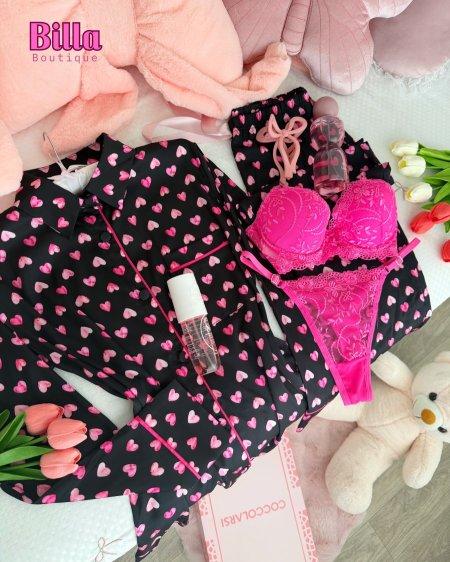 بيجامة ماركة cocolarsi حرير ناعم منقشة قلوب💞🥹والكواليتي🔥🫰🏻مع بوكس💞