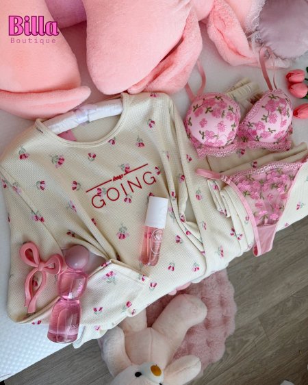 بيجامة ربيعية منقشة ورد توليب باللون الزهري والكواليتي🔥😭💕