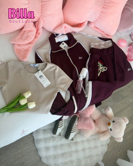 تزينينج ثلاث قطع (توب وجيكيت وبنطلون)من alo باللون الخمري والبيج والكواليتي🔥