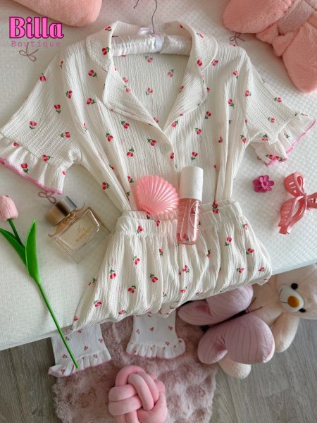 بيجامة منقشة ورود 🌸 ناعمة صيفية نص كم بتسطل😭💕