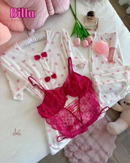 بيجامة قطن صيفية منقشة ورد وبنص فيونكات 🎀🥹والكواليتي🔥