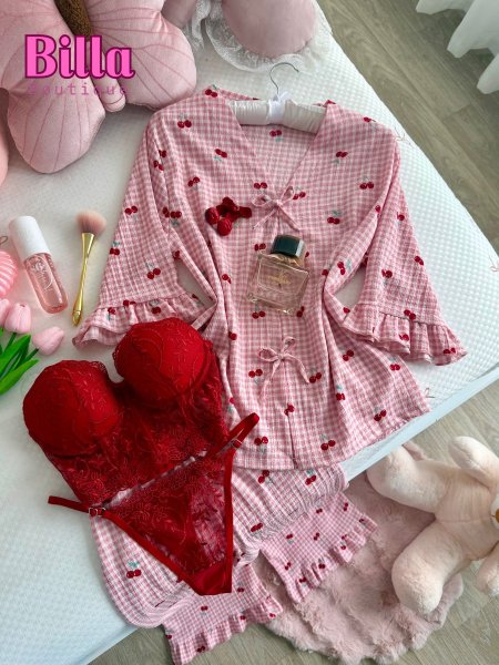 بيجامة نقشة الكرز كروهات ثلاث ارباع بتفصيلتها الصيفية والكواليتي🔥😭💗