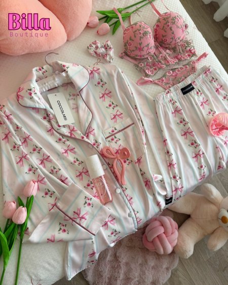 بيجامة coccolarsi منقشة فيونكات ستان حرير ناعم🎀😩💕الكواليتي🔥