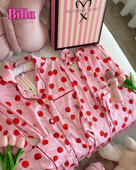 بيجامة فيكتوريا سيكريت زهري منقشة 🍒 كم طويل🥺💕🍒