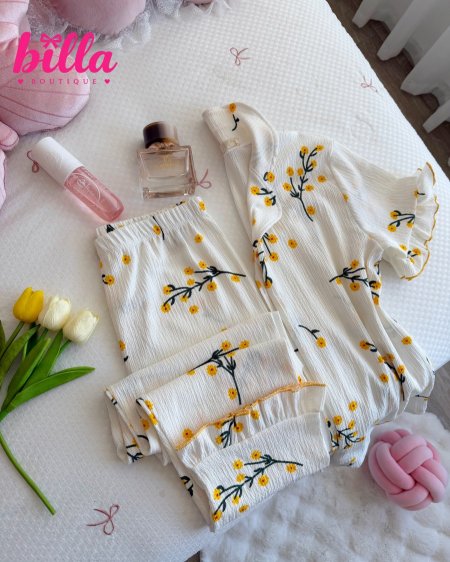بيجامة صيفية منقشة ورد اصفر بتسطل🌼😭