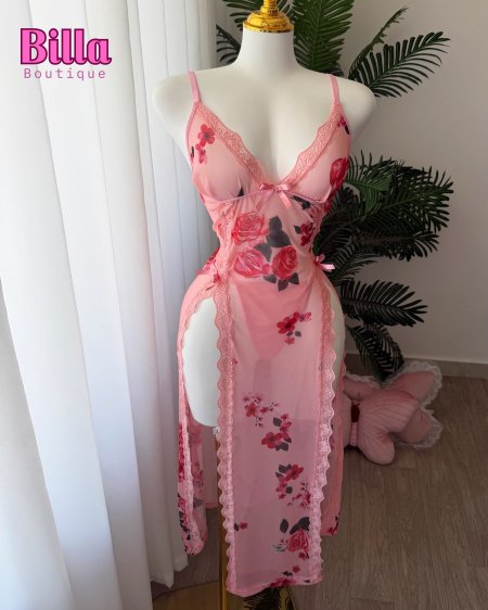 فستان زهري بارد منقض ورد طويل مع اندر 🥹🌸💗💕