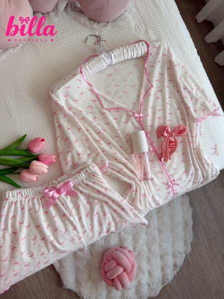 بيجامة نص كم منقشة فيونكات شورت🎀