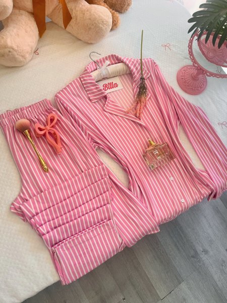 بيجامة قطنية خريفية كم مخططة بيبي بينك💕